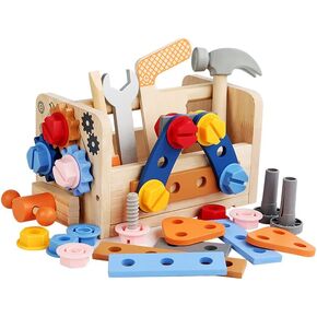 Montessori Wooden Tool Set Toy for Toddlers with Box/Bench, Pretend Play Tool Kit, Educational STEM Construction Set for Kids, Boys and Girls, Sensory Toy