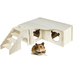 Multi-Chamber Wooden Hamster Hideouts Cages Accessories House Maze Hut Wood Habitats Decor Tunnel Exploring Toys for Syrian Dwarf Gerbils Mice Lemmings Small Animals
