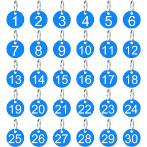 30 Pack 1-30 Plastic Numbers Tags with Key Rings, Numbered Keychain Tags for Dormitory Keys House Lockers Blue 1-3/8 Inches Rond Number Tags