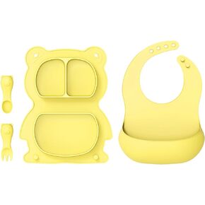 Silicone Baby Feeding Set Foldable, Portable Baby Led Weaning Supplies With 1 Pack Divided Plate, Bib, Spoon and Fork Baby Tableware Set