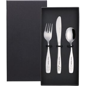 Exzact Children's Flatware Kids Silverware 9pcs/Toddler Utensils 3 x Forks, 3 x Safe Dinnerknives, 3 x Dinner Spoons - Dog Cat Bunny Engraved Design