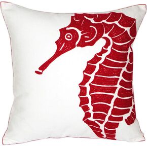 Embroidered Nautical Decor Pillow Cover,Square 18 Inches Decorative Canvas Pillow Cover for Nautical Style Deco by (Red-Seahorse)