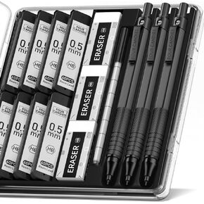 Four Candies 0.5mm Mechanical Pencil Set with Case, 3PCS Metal Artist Lead Pencil with 8 Tubes (480PCS) HB Lead Refills, 3 Erasers, 9 Eraser Refills For Engineer Art Writing Drawing Drafting, Black