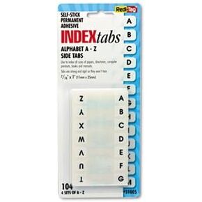 redi-tag Side-Mount Self-Stick Plastic A-Z Index Tabs, 1 inch, White, 104/Pack