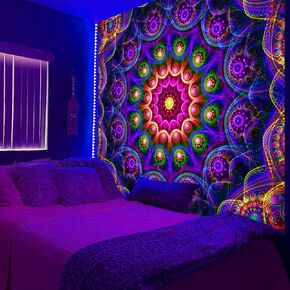 Psyhilar Blacklight Mandala Tapestry Wall Hanging, Psychedelic Flower Black Light Posters for Adults and Teens, UV Reactive Aesthetic Bohemian Art for Bedroom (40 x 30 Inches)