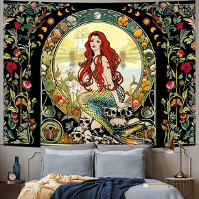 Vintage Mermaid Tapestry Aesthetic Plant Floral Tapestry Moon Phase Tapestry Nature Landscape Tapestry Hippie Skull Tapestry Wall Hanging for Bedroom Decor