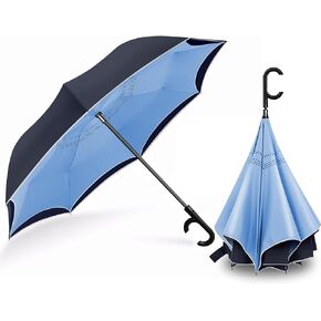 Dlin Inverted Reverse Windproof Umbrella,Upside Down Umbrella with C-Shaped Handle,Anti-UV Windproof Rain Double Layer Stick Umbrella for Women and Men.