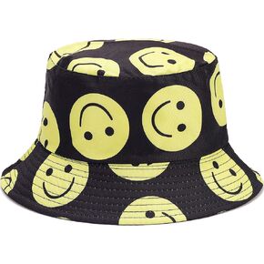 Smiley Face Print Bucket Hat Cute Happy Fishing Cap Reversible Packable Beach Sun Hats for Women, Men