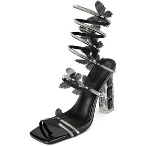 Women's Rhinestone Crystal Butterfly High Heels Stylish Open Square Toe Spiral Ankle Strap Dress Chunky Heeled Sandals For Wedding Party Banquet