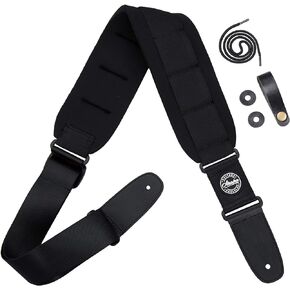 AMUMU Guitar Strap SBR Foam Padded Short Black for Acoustic, Electric, and Bass Guitars with Strap Blocks & Headstock Strap Tie - 3.3" Wide