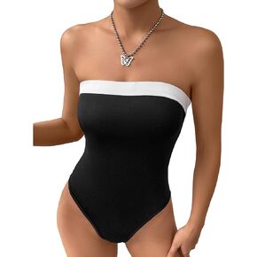 Floerns Women's Sleeveless Bandeau Colorblock Strapless Tube Bodysuit Jumpsuit