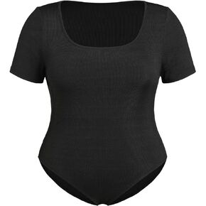 CIDER Women's Solid Square Neck Short Sleeve Bodysuit Plus Size