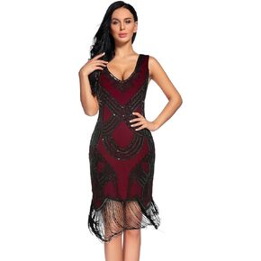 Women's 1920s Gatsby Dress V Neck Sequin Bead Fringed Cocktail Hem Flapper Dress
