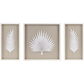 Madison Park Sabal Floral Wall Art - Handmade Canvas Palm Natural Rice Paper Shadow -Box Set, Glass, Wood Frame, Linen Base, Botanical Modern Room Decor for Hallway, Bedroom Accent, Off White 3 Piece