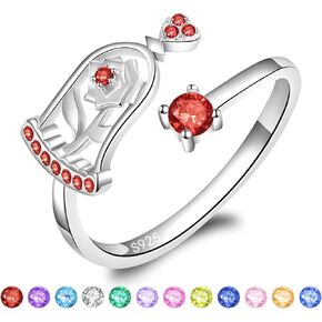 Beauty and the Beast Rose Ring Birthstone Rings for Women - 925 Sterling Silver Adjustable Rose Rings Jewelry Gifts for Women