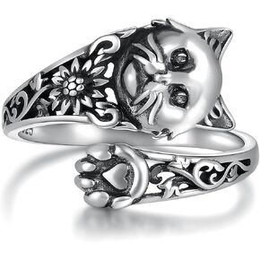 925 Sterling Silver Vintage Cat Ring Adjustable Sunflower Spoon Thumb Ring Jewelry Gifts for Women Girls