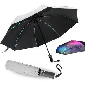 Reflective Umbrella, Strong Windproof Travel Umbrella wih 24 Ribs (8 * 3), Portable Folding Compact Sun & Rain Umbrellas, Car Backpack Automatic Umbrellas for Rain, wind and UV Protection