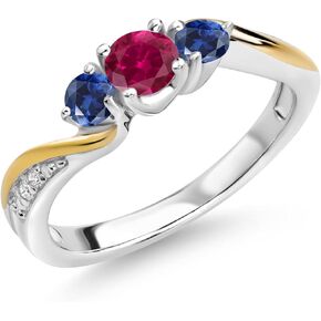 925 Silver and 10K Yellow Gold Red Created Ruby Blue Created Sapphire and White Lab Grown Diamond 3 Stone Engagement Ring For Women (0.56 Cttw, July Birthstone, Available In Size 5, 6, 7, 8, 9)