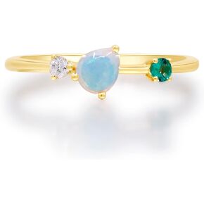 Gin & Grace 14K Yellow Gold Natural Ethiopian Opal and Emerald Ring with Diamonds for women | Ethically, authentically & organically sourced (Pear-cut) shaped opal hand-crafted jewelry for her | Opal Ring for women