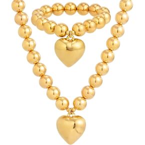 Salircon Chunky Gold Heart Choker Necklace and Bracelet Set Gold Beads Necklace with Big Heart Pendant Gold and Pearl Heart Toggle Necklace