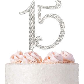 15 Cake Topper - Premium Silver Metal - 15th Birthday or Anniversary Party - Sparkly Rhinestone Quinceanera Cake Topper Decoration Makes a Great Centerpiece - Now Protected in a Box