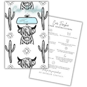 Car Freshie Insert Cards | 50 pk 5.5x8.5" Cactus Cow Modern Simple, fits in 6x9" for Holographic Bags Freshie Scent Label Care Instruction Cardstock
