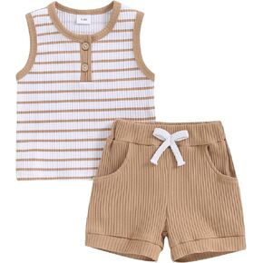 Toddler Baby Boy Girls Summer Clothes Ribbed Sleeveless Striped Tank Tops Solid Color Shorts Set 2Pcs Casual Outfits