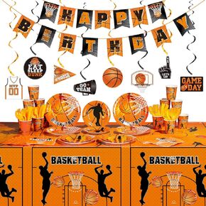 181 Pcs Basketball Theme Birthday Party Decorations 2 Basketball Sports Tablecloth 8 Hanging Swirls Basketball Hoop Banner 24 Set Basketball Tableware Plates Cups Napkins for Boy Kids Party Decor