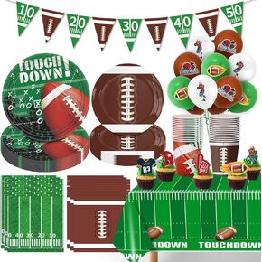 140PCS Football Party Supplies Tableware Set Serve 24, Football Birthday Party Decorations Includes Plates Napkins Cups Banner Balloons Cake ToppersTablecloth for Football Themed Party Supplies