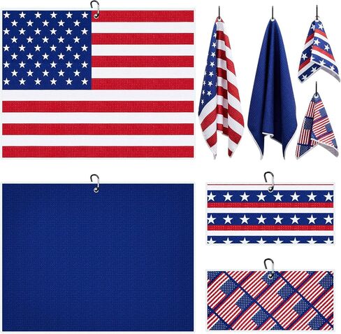 4 Pieces American Flag Pattern Golf Towels for Golf Bags Red White Blue Golf Ball Towel for Men Women Microfiber Waffle Texture Absorbent Golf Towels for 4th July Independence Memorial Day in Saudi Arabia