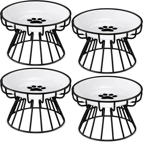 Roshtia 4 Sets Elevated Cat Bowls Ceramic Raised Cat Food Bowls with Metal Stand Dishwasher Safe Dishes Non Slip Elevated Food Plate(Black,Paw) in Kuwait