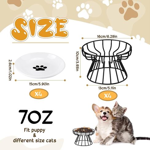 Roshtia 4 Sets Elevated Cat Bowls Ceramic Raised Cat Food Bowls with Metal Stand Dishwasher Safe Dishes Non Slip Elevated Food Plate(Black,Paw) in Kuwait