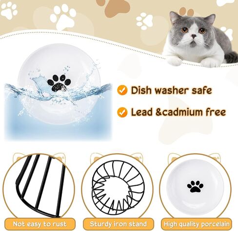 Roshtia 4 Sets Elevated Cat Bowls Ceramic Raised Cat Food Bowls with Metal Stand Dishwasher Safe Dishes Non Slip Elevated Food Plate(Black,Paw) in Kuwait