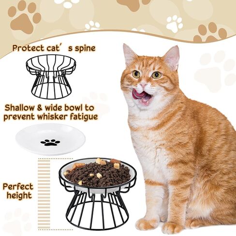 Roshtia 4 Sets Elevated Cat Bowls Ceramic Raised Cat Food Bowls with Metal Stand Dishwasher Safe Dishes Non Slip Elevated Food Plate(Black,Paw) in Kuwait