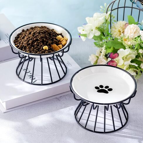 Roshtia 4 Sets Elevated Cat Bowls Ceramic Raised Cat Food Bowls with Metal Stand Dishwasher Safe Dishes Non Slip Elevated Food Plate(Black,Paw) in Kuwait