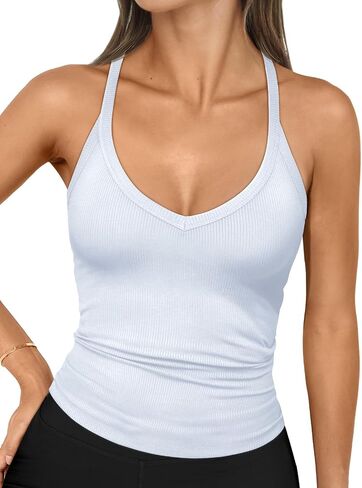 Trendy Queen Womens Ribbed Tank Tops Racerback Summer Basic Camisole V Neck Going Out Slim Fit Fashion Clothes 2024 in Saudi Arabia