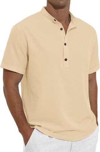 Mens Band Collar Henley Short Sleeve Shirt Rolled Up Sleeve Casual Beach T Shirts in Saudi Arabia