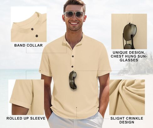 Mens Band Collar Henley Short Sleeve Shirt Rolled Up Sleeve Casual Beach T Shirts in Saudi Arabia