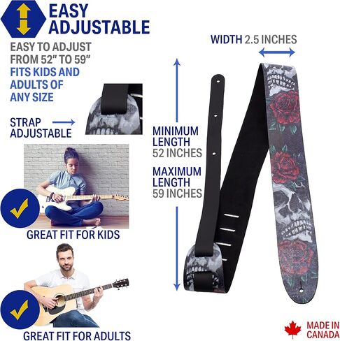 Perri's Leathers Ltd. - Guitar Strap - Direct To Leather - Skull and Rose - Adjustable - For Acoustic/Bass/Electric Guitars - Made in Canada (P25DTL-11039) in Saudi Arabia