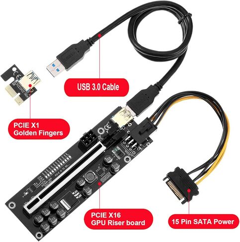 PCIE Riser 10 مكثفات، بطاقة موسع GPU لتعدين Bitcoin Litecoin ETH Ethereum، مع كابل تمديد USB 3.0 بطول 60 سم وكابل طاقة SATA 6PIN (V11Pro-1 Pack) in Kuwait