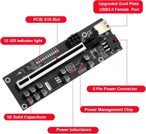 PCIE Riser 10 مكثفات، بطاقة موسع GPU لتعدين Bitcoin Litecoin ETH Ethereum، مع كابل تمديد USB 3.0 بطول 60 سم وكابل طاقة SATA 6PIN (V11Pro-1 Pack) in Kuwait