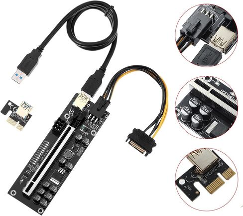 PCIE Riser 10 مكثفات، بطاقة موسع GPU لتعدين Bitcoin Litecoin ETH Ethereum، مع كابل تمديد USB 3.0 بطول 60 سم وكابل طاقة SATA 6PIN (V11Pro-1 Pack) in Kuwait