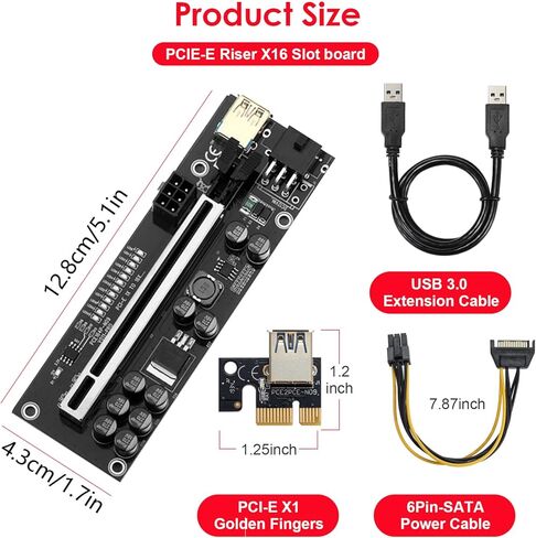 PCIE Riser 10 مكثفات، بطاقة موسع GPU لتعدين Bitcoin Litecoin ETH Ethereum، مع كابل تمديد USB 3.0 بطول 60 سم وكابل طاقة SATA 6PIN (V11Pro-1 Pack) in Kuwait