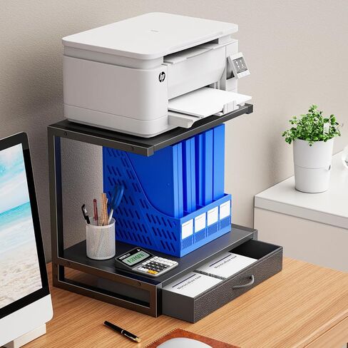 2-Tier Desktop Printer Stand with Fabric Drawer, Prtiner Table with Storage Shelf, Desk Organizer for Home Office,3D Printer,Fax Machine,Scanner, 17.3"x11.8" Black in Saudi Arabia