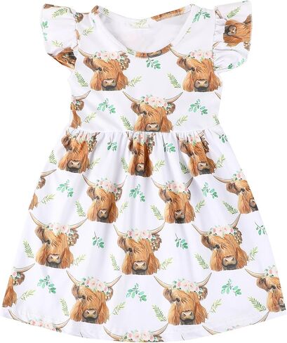 Toddler Girls Casual Dress Farm Animal Horse Print Dresses Flutter Sleeve Clothes 2-8Y in Saudi Arabia