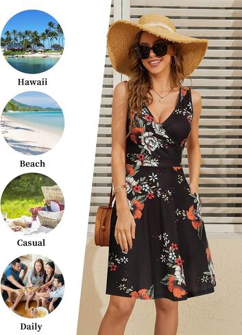 GUBERRY Womens Wrap V Neck Sleeveless Sundress Summer Flare Tank Dress with Pockets in Kuwait