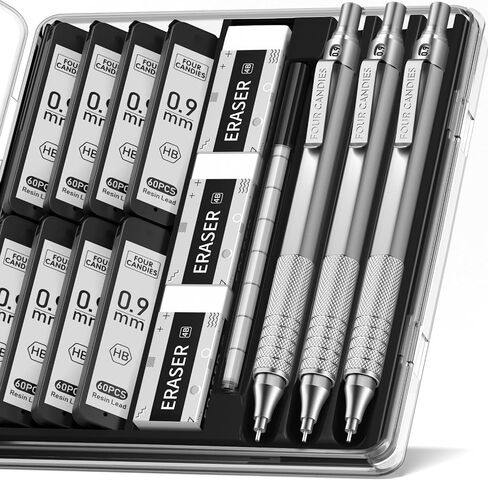 Four Candies 0.5mm Mechanical Pencil Set with Case, 3PCS Metal Artist Lead Pencil with 8 Tubes (480PCS) HB Lead Refills, 3 Erasers, 9 Eraser Refills For Engineer Art Writing Drawing Drafting, Black in Kuwait