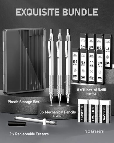 Four Candies 0.5mm Mechanical Pencil Set with Case, 3PCS Metal Artist Lead Pencil with 8 Tubes (480PCS) HB Lead Refills, 3 Erasers, 9 Eraser Refills For Engineer Art Writing Drawing Drafting, Black in Kuwait