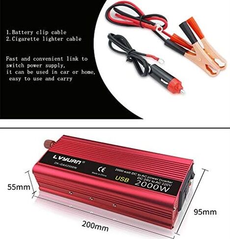 عاكس طاقة باور برايت 2000 وات 12 فولت، منافذ تيار متردد مزدوجة 110 فولت، موجة جيبية معدلة، مصدر طاقة احتياطي للسيارات مثالي لحالات الطوارئ أو الإعصار أو العاصفة أو الانقطاع، أحمر in Kuwait
