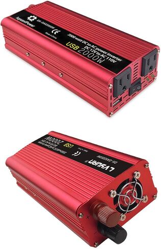 عاكس طاقة باور برايت 2000 وات 12 فولت، منافذ تيار متردد مزدوجة 110 فولت، موجة جيبية معدلة، مصدر طاقة احتياطي للسيارات مثالي لحالات الطوارئ أو الإعصار أو العاصفة أو الانقطاع، أحمر in Kuwait